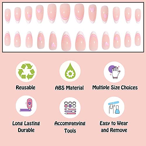 Andging White Almond Press On Nails Short Medium French Tip Fake Nails Stiletto Glue On Nails For Women With Pink Heart Design, Cute Gel False Nails Reusable Full Cover Stick On Nails For Wedding 24Pc #TOP2