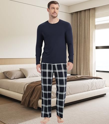 Image of NACHILA Pajamas for Men-Viscose Made from Bamboo, Long Sleeve Pajamas Set Comfy Sleepwear Pants Soft V Neck Pjs with Pockets