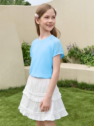 Image of Haloumoning Girls Summer Swiss Dot Short Sleeve T-Shirts Kids Crewneck Tops Cute Fashion Tees 5-14 Years