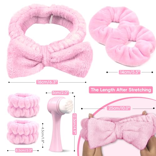Spa Headband for Washing Face, Skincare headband and wristband set, Facial Cleansing Brush, 2-in-1 Skin Care face Brush, Come with a Hair Scrunchie, For Massaging Makeup Skincare -Pink - Image 3
