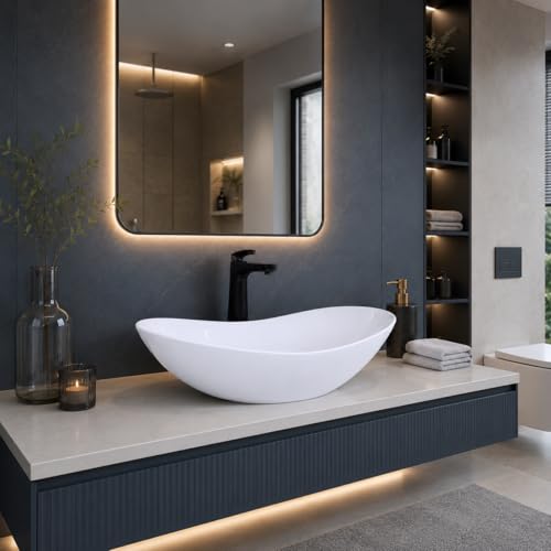 Image of QUALITO Boat Shape Table Top Wash Basin for Bathroom, Living Room, Hall, Dinning Room | Countertop /Over Counter Ceramic Vessel Sink /Basin | Marble Ceramic Wash Basin (White, 24x14x5.5 Inch)