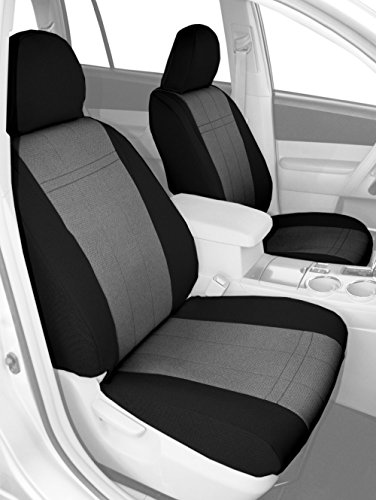 Front Buckets Seats, CalTrend SportsTex Seat Covers for 2012-2016 Ford F-250 Super Duty|Ford F-350 Super Duty|Ford F-450 Super Duty|Ford F-550 Super Duty Light Grey Light Grey Insert with Black Trim