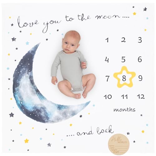 Pondering Pine Organic Baby Monthly Milestone Blanket Boy - Love You to The Moon and Back Blanket for Boys, Growth Chart for 1-12 Months Milestones,...