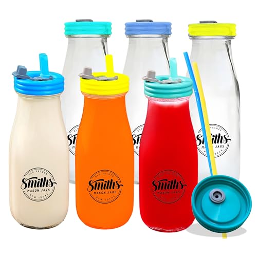 Smiths Mason Jars - Confezione da 6 bottiglie di vetro da 300 ml con coperchio, a prova di perdite, bottiglie per latte in vetro trasparente con coperchio e cannucce riutilizzabili, ideali per latte,
