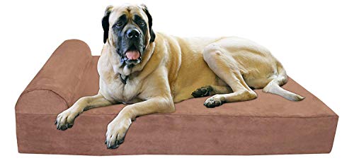 Barker Beds XL Orthopedic Dog Bed - 7' Pillow Top with Headrest - 75-120 lbs - Memory Foam for Joint Pain & Arthritis - Vet Recommended, Washable Cover - Made in USA - 52'x36'x7' - Khaki