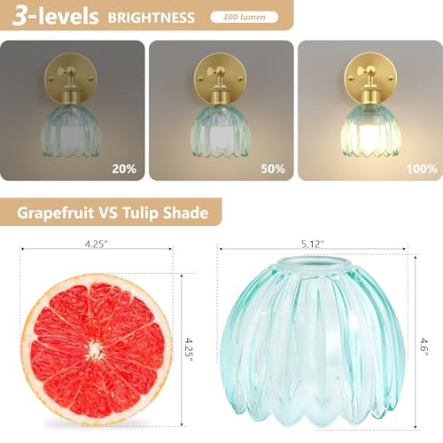 Image of Vintage Battery Operated Wall Sconce, Sky Blue Tulip Glass Lampshade Wireless Rechargeable Battery Powered LED Wall Light with Remote Dimmable for Bedside Bedroom Doorway Living Room, Set of 2