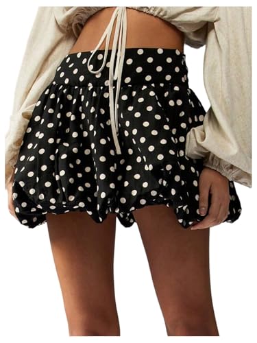 MakeMeChic Women's Polka Dots Mini Skirts Bubble Ruffle A Line Flare Cute Skirt Black and White Large