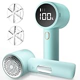 Buywoo Fabric Shaver, Electric Lint Remover, Rechargeable Lint Shaver, Sweater Defuzzer to Remove Pilling, Battery Powered, 6-Blade, 3-Speed, LED Display for Clothes Furniture, Light Blue