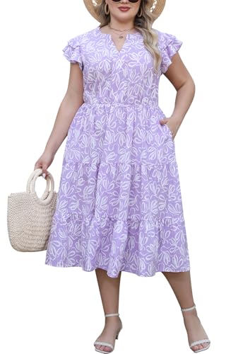 Image of Keluummi Plus Size Midi Dress for Curvy Women Wedding Guest Summer Floral Empire Waist Short Sleeve with Pockets