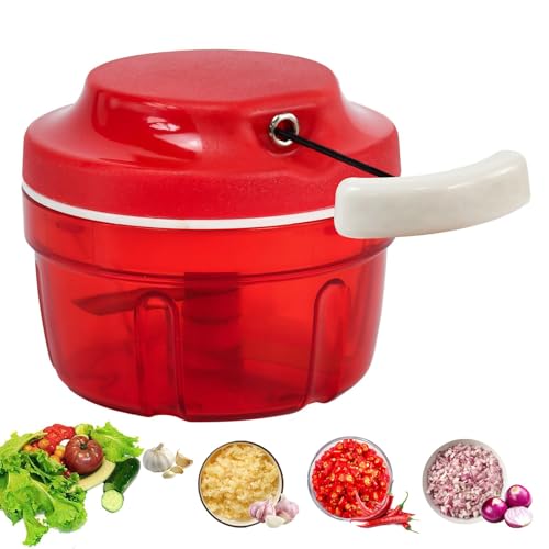 Tritatutto Manuale, Trita Verdure Manuale, Design con Cordoncino, per Aglio, Noci, Erbe Aromatiche o Frutta, Plastica (Rosso - 300 ml)