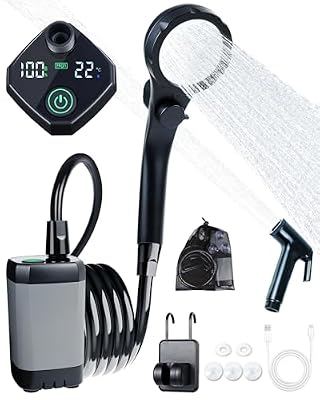 Beviliu Portable Shower for Camping, 6000mAh Rechargeable Camping Shower with Digital Power & Temperature Display, Portable Shower for Camping, Beach, Outdoor Travelling, Hiking, Pet Cleaning