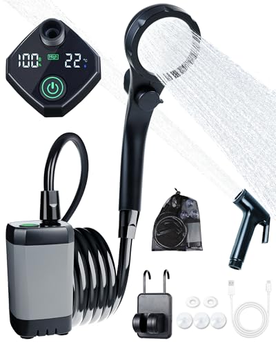 Beviliu Portable Shower for Camping, 6000mAh Rechargeable Camping Shower with Digital Power & Temperature Display, Portable Shower for Camping, Beach, Outdoor Travelling, Hiking, Pet Cleaning