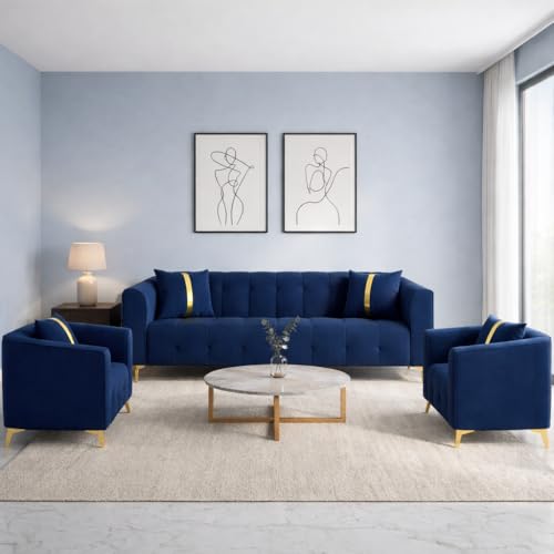Image of Adorn India Premium Mystic - 3 Years Warranty - 3+1+1 Sofa Set Velvet Suede Fabric - Blue