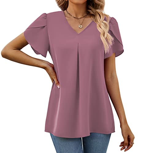 Funlingo Women's Summer Casual Dressy Blouses Petal Short Sleeve Chiffon Tunic Tops V Neck Flowy Loose Office Blouses Mauve M #TOP1