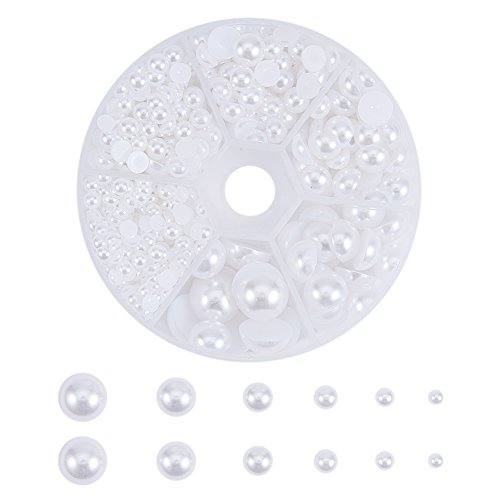PH PandaHall 690pcs Half Round Pearl Beads 6 Sizes Flat Back Pearl Cabochon Faux Pearl Beads for DIY Scrapbook Phone Case Wedding Decor Hair Accessory Nail Art, White, 4 5 6 8 10 12mm
