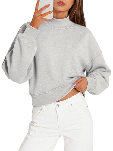 ATHMILE Womens Cropped Sweatshirts Oversized Turtleneck Long Sleeve Tops 2026 Spring Winter Loose Pullover Teen Girls Clothes Grey