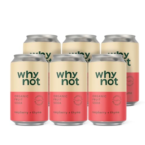 WHY NOT - Refresco 100% Natural de Frambuesa y Tomillo 6 latas x 330 ml (sin Cafeína), Refresco Orgánico con Jugos de Fruta 100% Naturales, con Bajo Contenido en Azúcar, Bebida Vegana y Premium