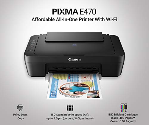 Image of Canon Pixma E470 All-in-One Wireless Color Home Inkjet Printers (Black)
