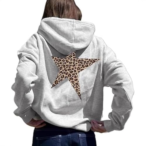 Generisch Sweat à capuche pour femme avec imprimé étoilé léopard streetwear hiver sweat-shirt confortable pour le quotidien Sweat à capuche femme blanc fille, gris, S