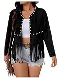 Floerns Women's Plus Size Beaded Tassel Trim Open Front Long Sleeve Music Festival Jacket Black 3X-Large Plus