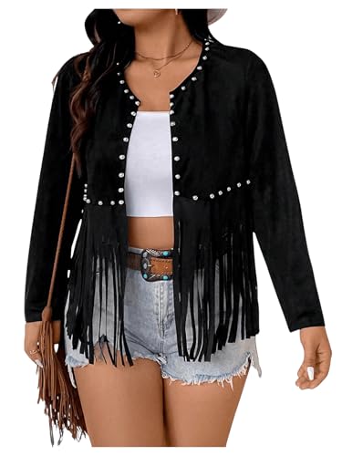 Floerns Women's Plus Size Beaded Tassel Trim Open Front Long Sleeve Music Festival Jacket