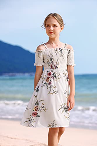 Arshiner Girl Short Sleeve Floral Print Cute Casual Fit And Party Dress White For 12-13 Years #TOP1