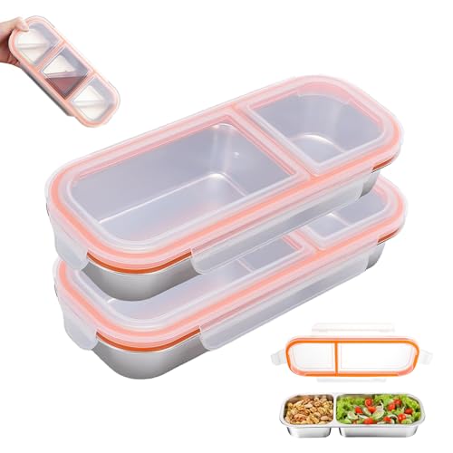 Image of Reusable Stainless Steel Snack Containers with Lids - 10.3 inch x 4 inch 3 Compartment Snackle Box, Leak-Proof Metal Snack Containers for Kids & Adults, Divided Food Storage Box (2 Compartment 2 Pack)