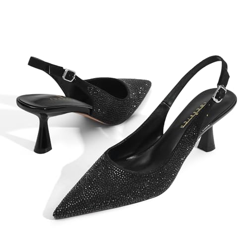 LOCERICH Women's Kitten Heels Slingback Low Heel Dress Shoes Closed Toe Pumps Rhinestone Pointed Toe Sparkly Sling Back Bridal Wedding Party3