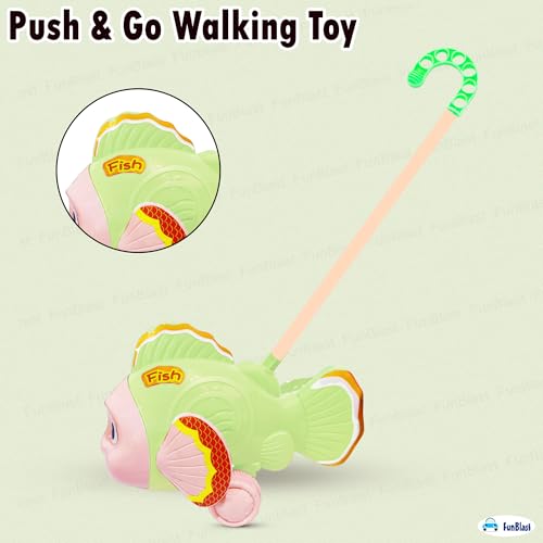 Image of FunBlast Pull Along Fish Toy for Kids - Push & Go Walking Toy, Early Learning Crawling Toys for Toddlers, Colorful Pull Toys for Boys & Girls (Multicolor) (Green)