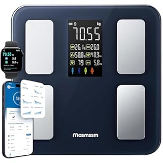 Masmssm Balance Connectée Pèse-Personne, Balance Connectée Impédancemètre 8-en-1 Grand VA Écran, 22 Indicateurs dont Fréquence Cardiaque, IMC, Graisse Corporelle Pour iOS & Android, Max. 180kg