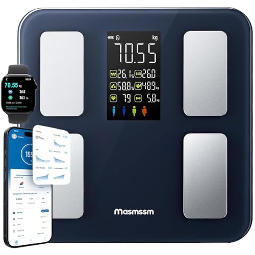 Masmssm Balance Connectée Pèse-Personne, Balance Connectée Impédancemètre 8-en-1 Grand VA Écran, 22 Indicateurs dont Fréquence Cardiaque, IMC, Graisse...