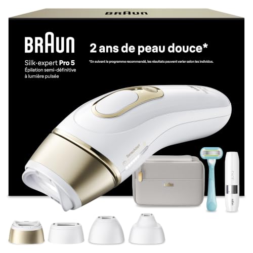Braun Epilateur Lumiere Pulsee Silk·expert Pro 5 PL5412, Blanc et Or – Alternative au Laser à Domicile, Filaire, avec Pochette, Mini Rasoir Visage, Manche...