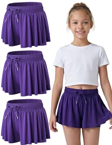 Image of 1 or 3 Pack Girls Flowy Shorts with Spandex Liner & Pocket, 2-in-1 Athletic Butterfly Shorts for Running Dance