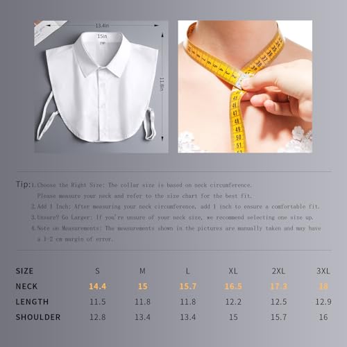 Detachable Collar - Cotton Half Shirt Dickey for Men & Women, 6 Sizes (Plus), White2