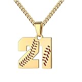 HattiDoris Baseball Number Necklace - Men's 00-99 Jersey Number Personalized Gift - Stainless Steel Gold Plated Chain, 22in Baseball Charm Pendant