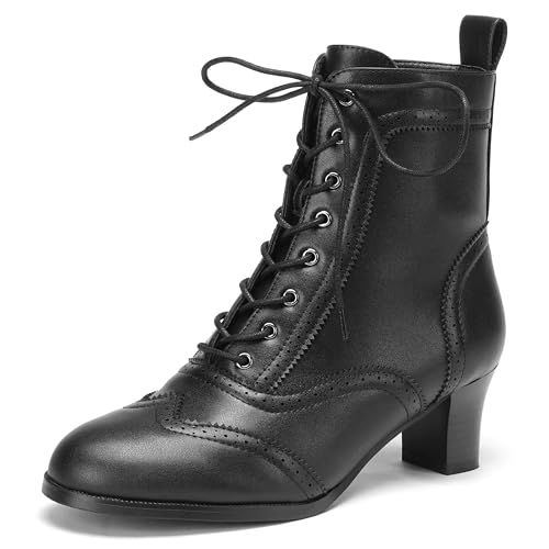 ErikenUrben Women Vintage Victorian Ankle Boots Lace-Up Brogue Boots Mid Block Heel Gothic Steampunk Style Booties Black Size 41