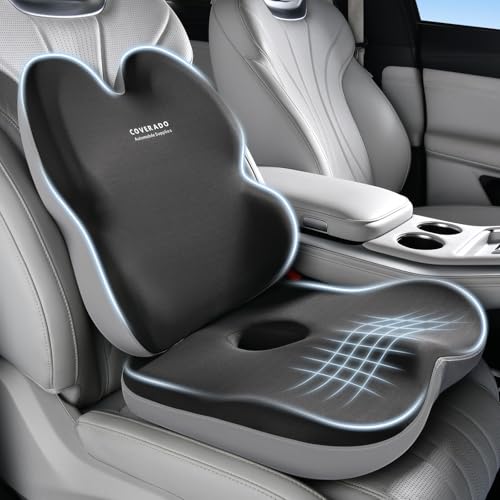 Image of Coverado Car Seat Cushion And Lumbar Support Pillow for Office Chair,Desk Chair, Wheelchair, Gaming Chair, Car, Airplane, Washable Ergonomic Memory Foam Pillow Back Cushions & Seat Cushions Gray&Black