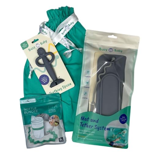 Image of Busy Baby Gift Set - Includes 1 Busy Baby Mat 1 - Bottle Bungee 1- Teething Spoon and 4 Universal Bungee Straps in a Gift Bag, Keeps Baby Essentials Within Reach (Pewter)