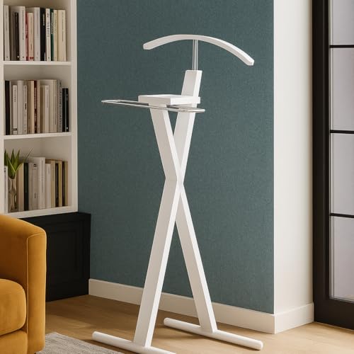 Image of Proman Products Josh Freestanding Wooden Valet Stand Organizer with Tray, Hanger, Trouser Bar, White