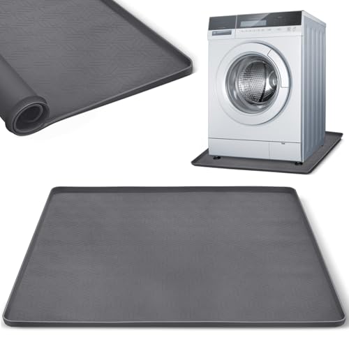 Washing Machine Drain Pan, Extra-Large Silicone Washing Machine Mat with High Raised Edges, Non-Slip Waterproof Washer Drip Tray, Leak Proof Anti-Vibration Floor Protector (27 x 27 Inch, Grey)