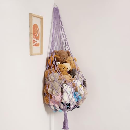 Image of Amdermi Upgrade Stuffed Animal Hammock Corner or Wall Hanging Net for Stuffy Animal Storage Macrame Toy Display Over Door Toy Holder Kid Bedroom Decor Playroom Organizer (Purple)