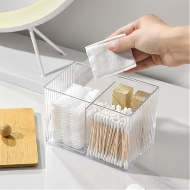 Elegant Sturdy Wood Lid Bathroom Organizers for Cotton Covers Qtips Makeup Pads and Hair Bands Storage Solution