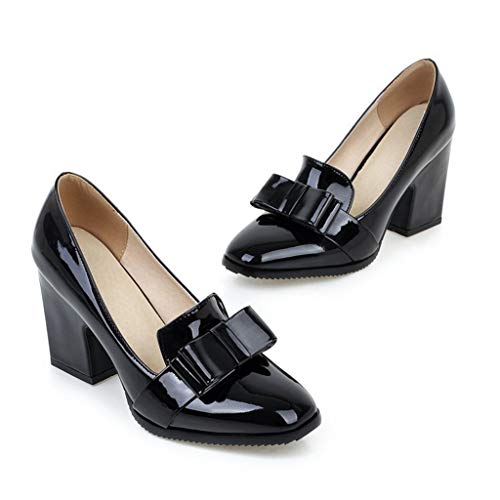 MIOKE Women's Fashion Chunky High Block Heel Pumps Square Toe Bowtie Patent Leather Slip-On Dress Shoes2
