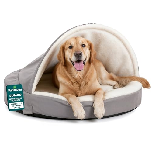 Furhaven 44" Round Orthopedic Dog Bed for Large Dogs w/ Removable Washable Cover, For Dogs Up to 80 lbs - Sherpa & Suede Snuggery - Gray, 44-inch