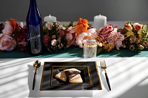 Plastic Disposable Square Dessert Plates | 50-Pack 7.5 Inches Black With Gold Rim Square Plates | Ideal For Weddings, Parties, Catering | Heavy Duty & Non Toxic #TOP5