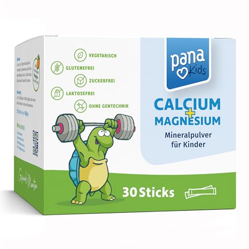 PanaKids Calcium + Magnesium Pulver für Kinder ab 4 Jahren mit Vitamin C & D3 für Knochen Muskeln & Immunsystem 30 Sticks Mango ohne zugesetzten zucker vegetarisch Made in Germany