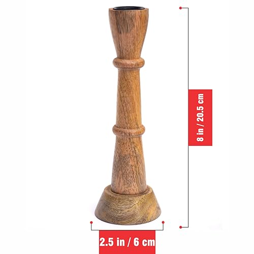 Image of Pure Source India Wooden Candle Holder for Taper Candles, Natural Mango Wood Vintage Style 20cm Tall Candle Stand for Fireplace Dining Table Centrepiece, Decorative Item for Home