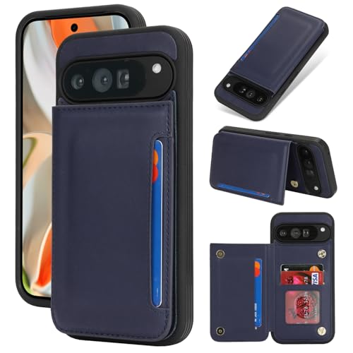 Étui en cuir synthétique Pixel 9 Pro XL bleu premium avec fentes cartes anti-RFID