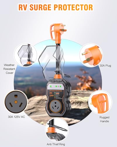 Image of GEARGO 𝟑𝐭𝐡-𝐆𝐞𝐧 RV Surge Protectors 30 Amp, 𝐋𝐚𝐭𝐞𝐬𝐭 RV Circuit Analyzer, IP68 Surge Voltage Protection, RV Adapter Plug for Camper (Orange)