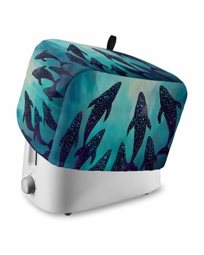Ocean Whale Toaster Cover 2 Slice, Coastal Nautical Teal Sea Dustproof Bread Machine Oven Cover with Storage Pockets, Fits Most Kitchen Toasters Protector
